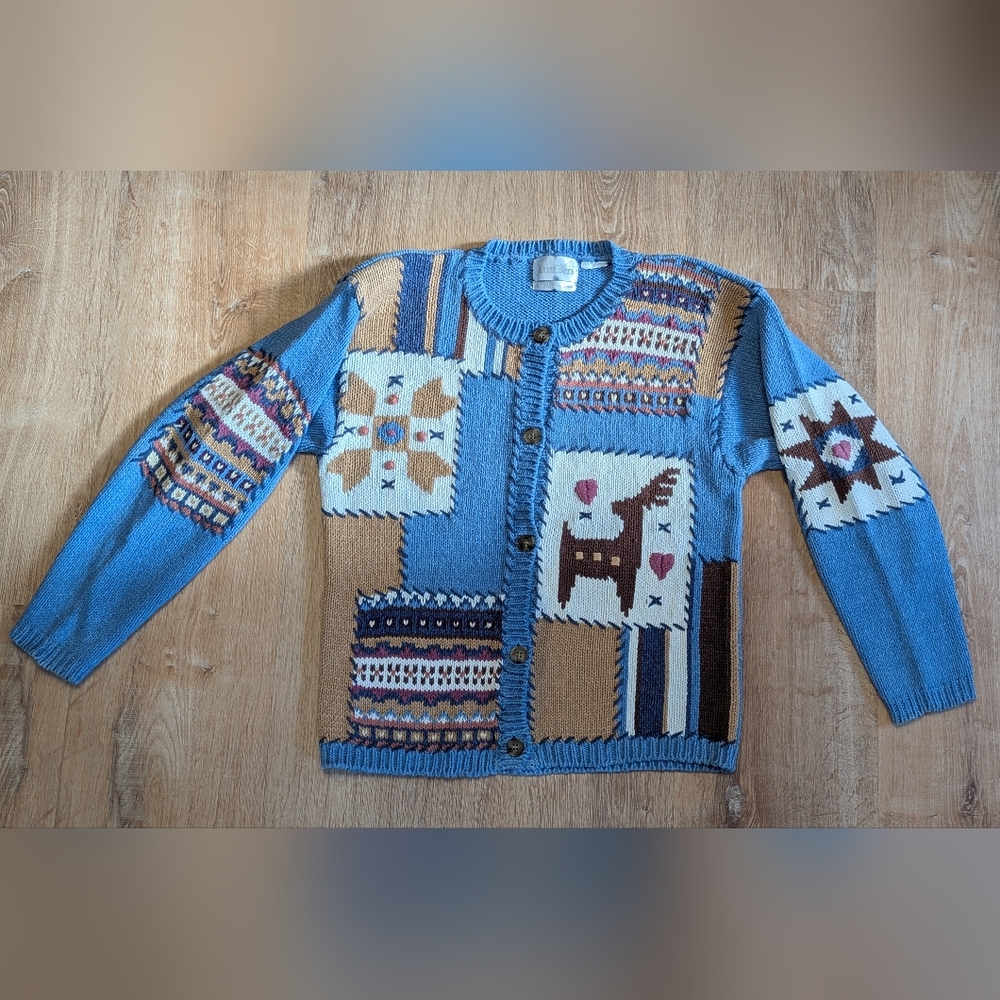 Vintage Jantzen Hand Embroidered Knit Patchwork Christmas Cardigan - Picture 3 of 6